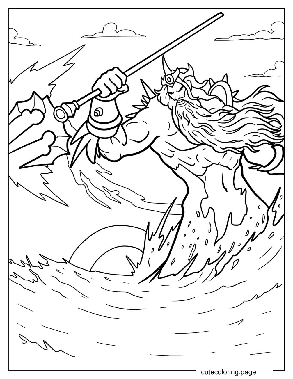 Angry Poseidon Holding His Trident Above The Sea coloring page