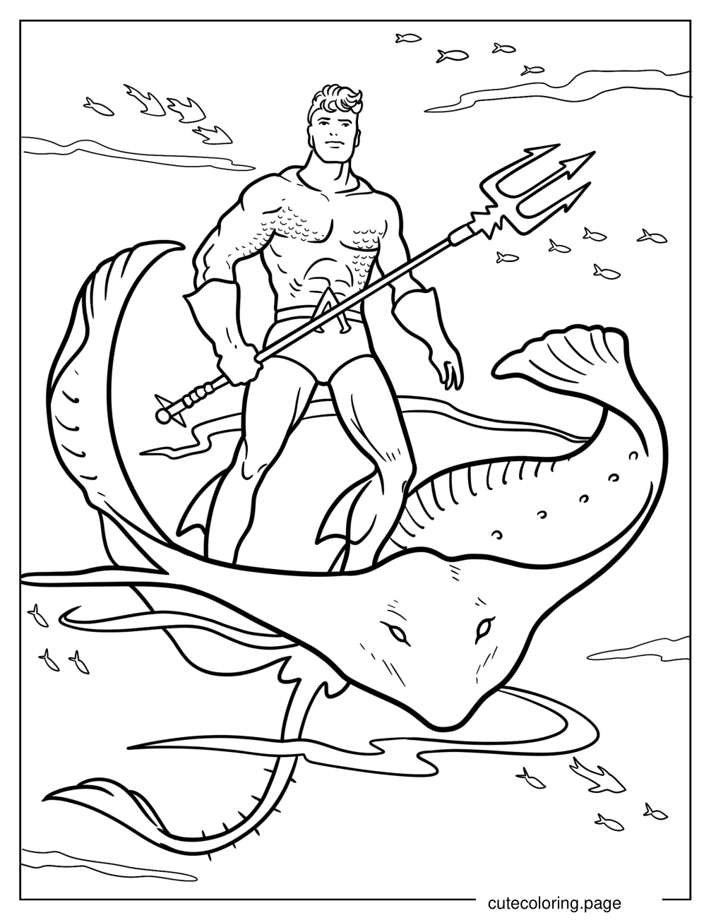 Aquaman Holding his Trident While Riding A Manta Ray coloring page