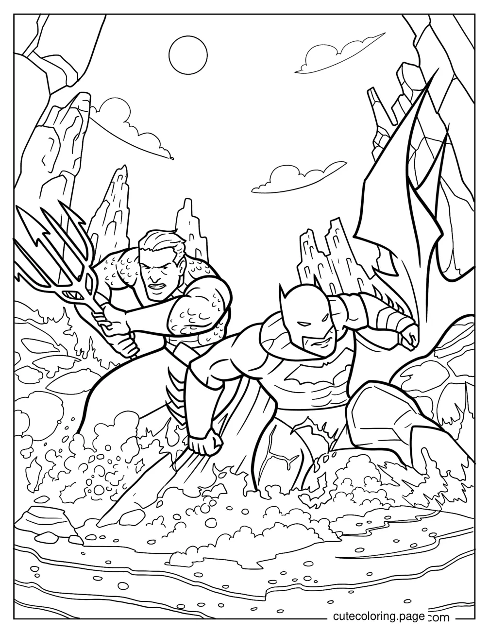 Batman Fighting Alongside Aquaman Coloring Page coloring page