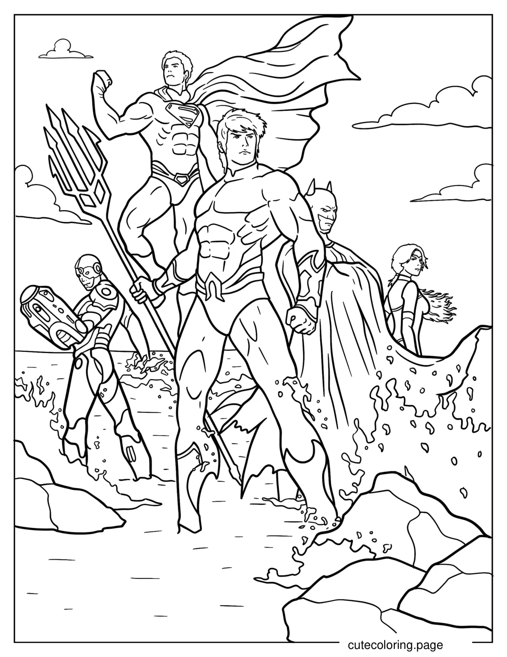 Justice League Aquaman Superman Batman Wonder Woman And Cyborg Coloring Page coloring page