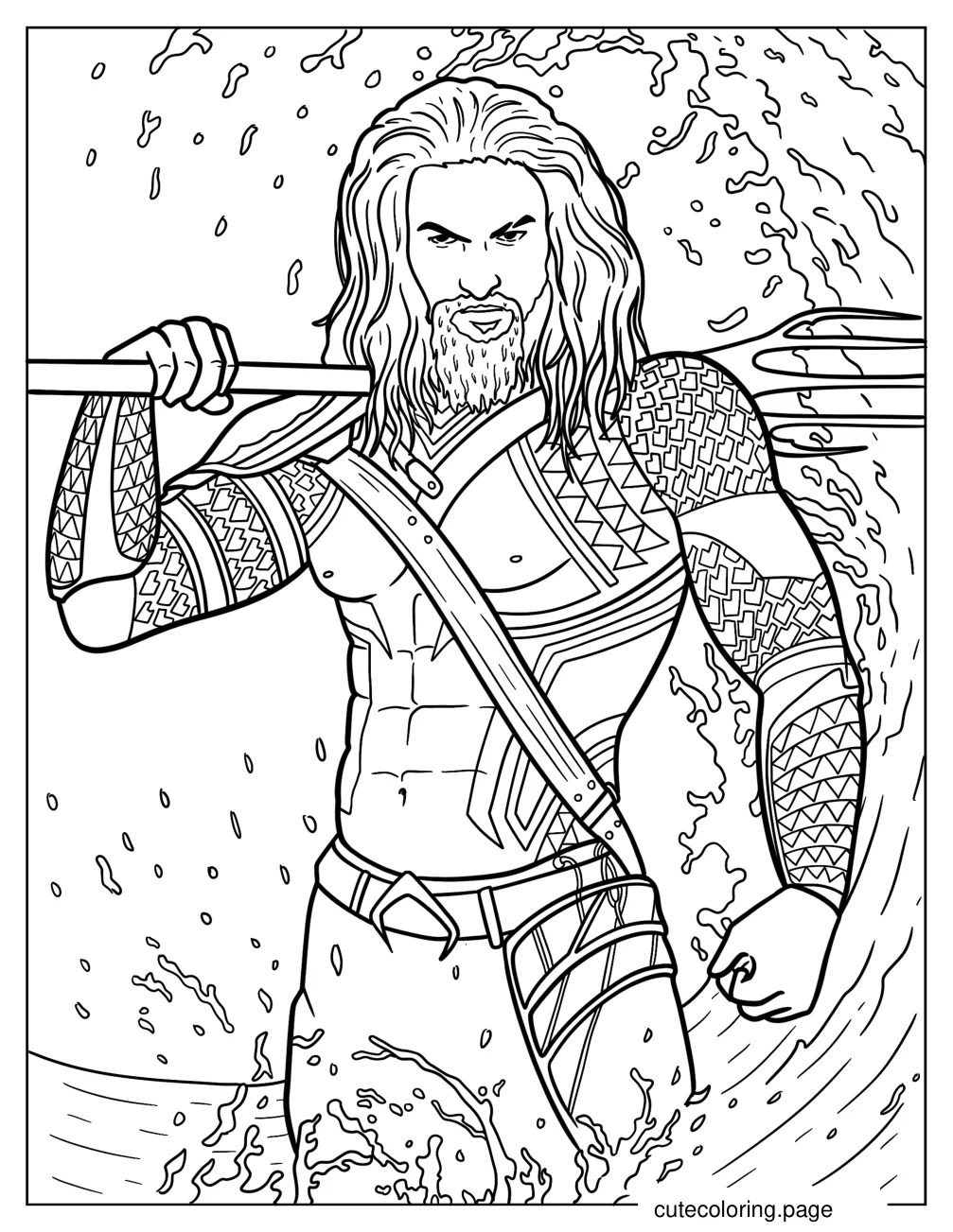 Muscular Jason Momoa As Aquaman Holding Trident Over His Shoulder coloring page