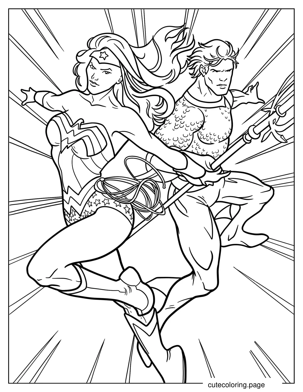 Wonder Woman Fighting Alongside Aquaman Coloring Page coloring page