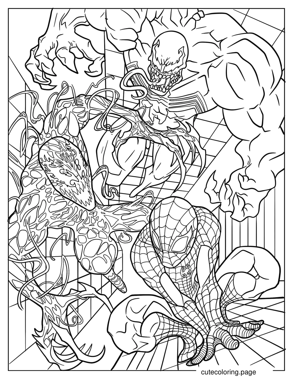 Carnage And Venom Chasing Spider Man coloring page