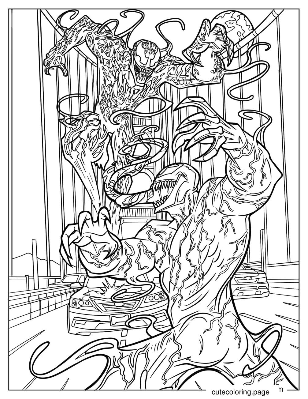 Venom Vs Carnage Fighting On Golden Gate Bridge coloring page