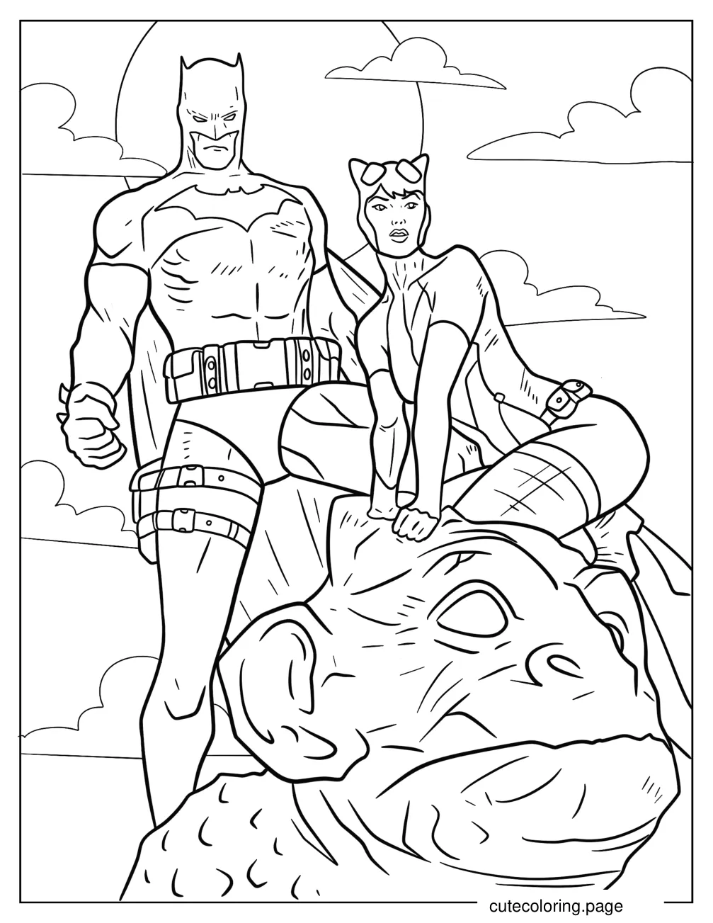 Batman And Catwoman Standing On Top Of Gargoyle coloring page