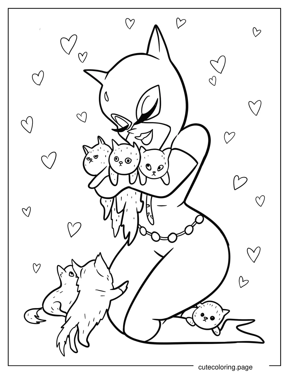 Cartoon Catwoman Cuddling With Kittens Coloring Page coloring page