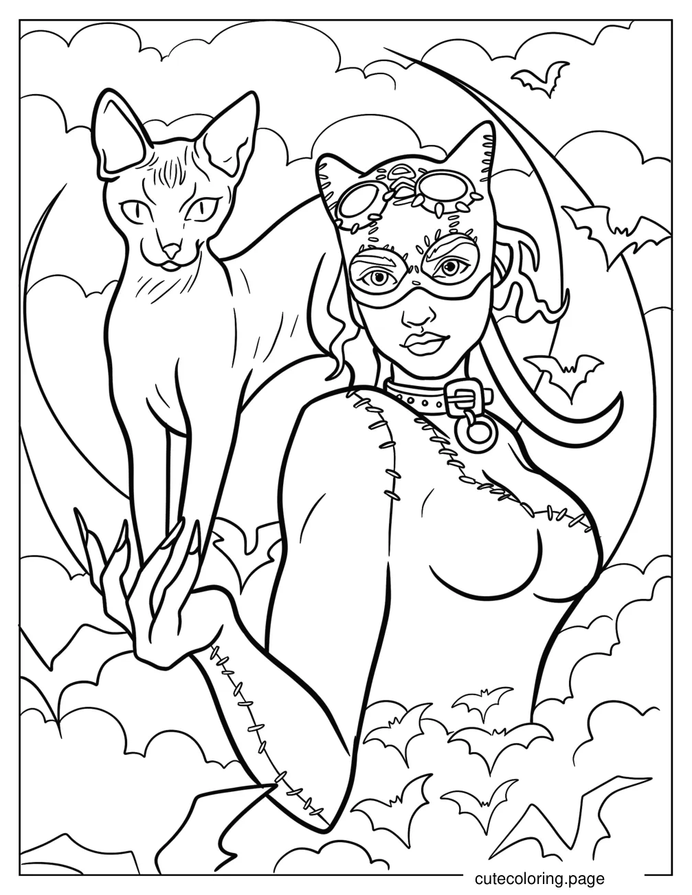 Cartoon Catwoman With Cat And Bats Coloring Page For Kids coloring page