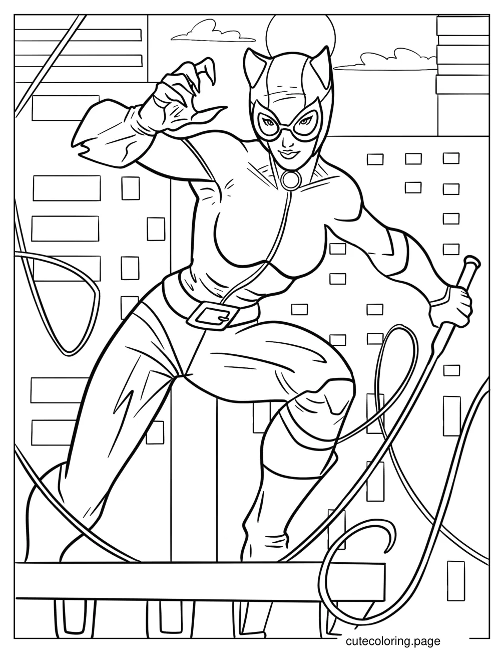 Catwoman Showing Claws And Holding Wip On A Rooftop Coloring Sheet coloring page