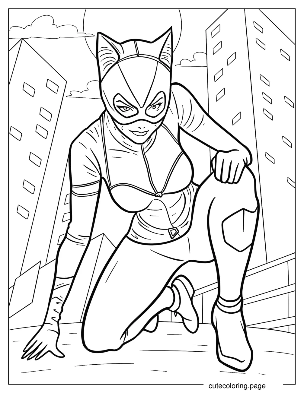 Catwoman Smirking With Moon In Background Coloring Page coloring page