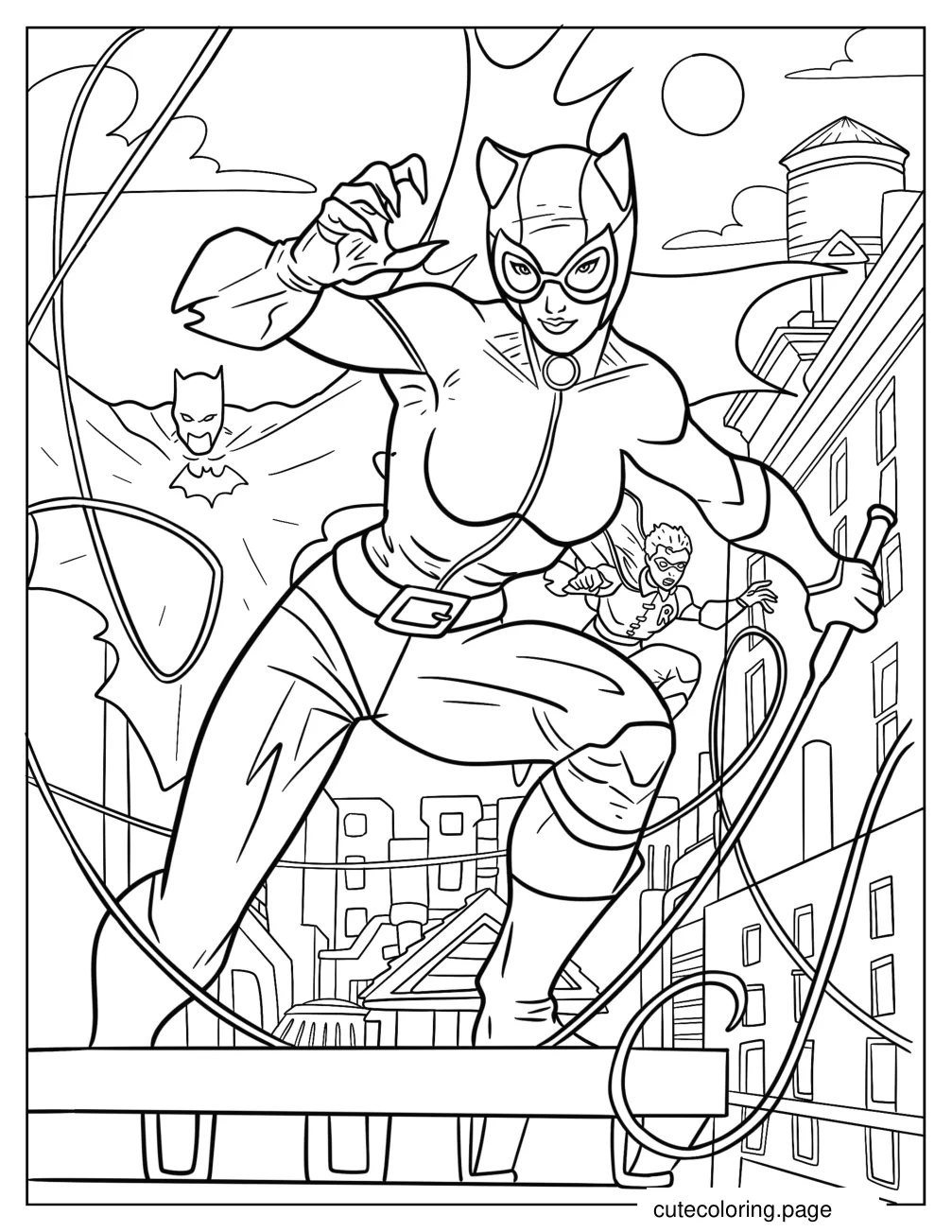 Catwoman With Batman And Robin In The City coloring page