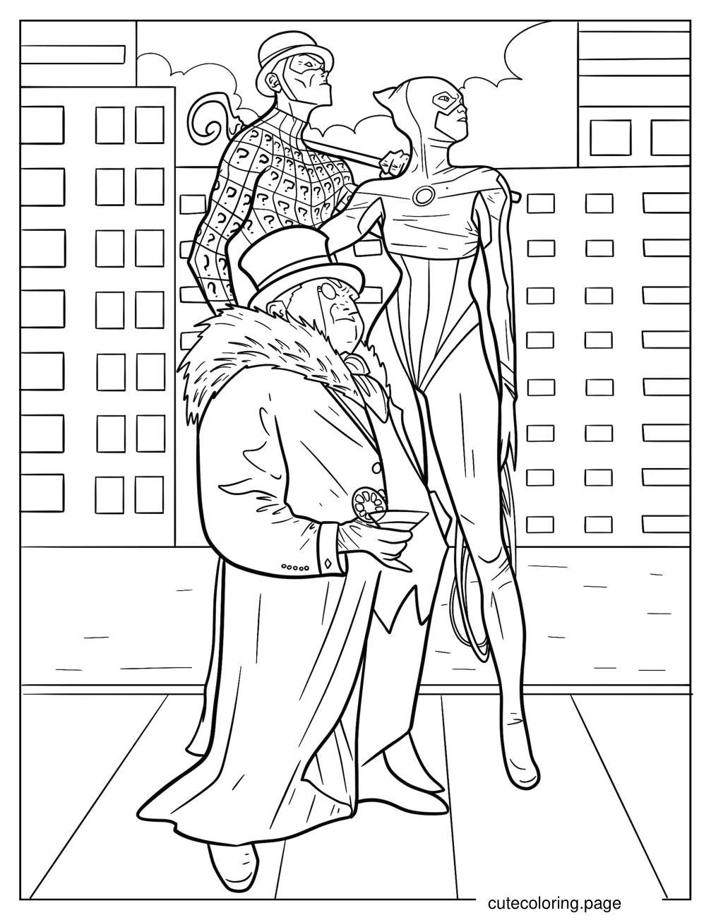 Catwoman With The Riddler And Penguin Coloring Page coloring page