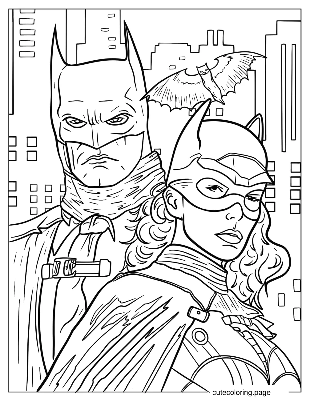 Detailed Batman And Catwoman In Gotham Coloring Page coloring page