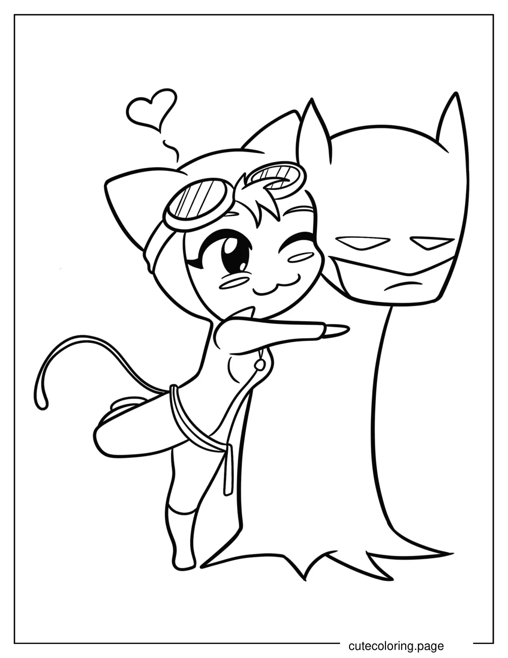 Kawaii Catwoman Hugging Batman Coloring Page For Kids coloring page