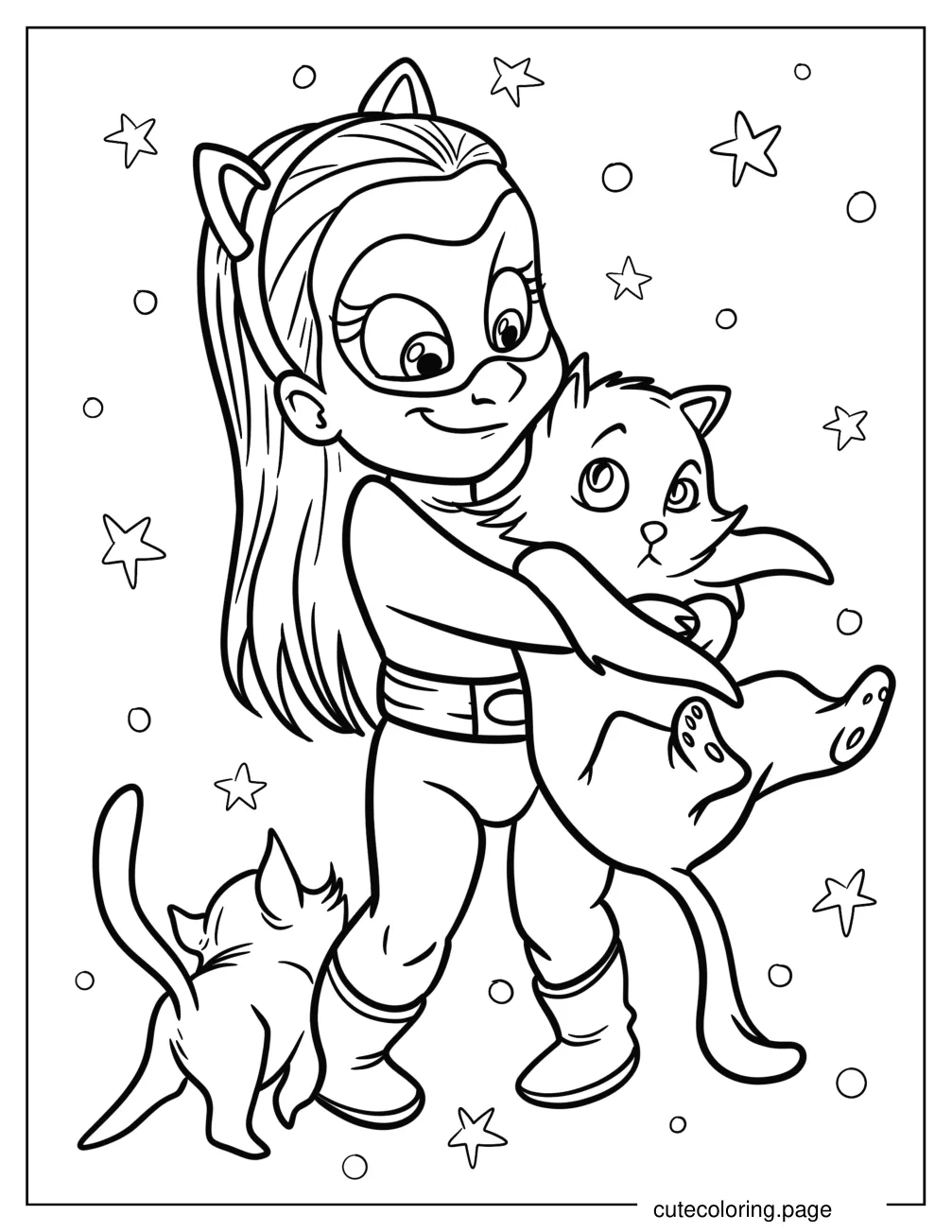 Little Catwoman Holding Kittens Coloring Page For Kids coloring page