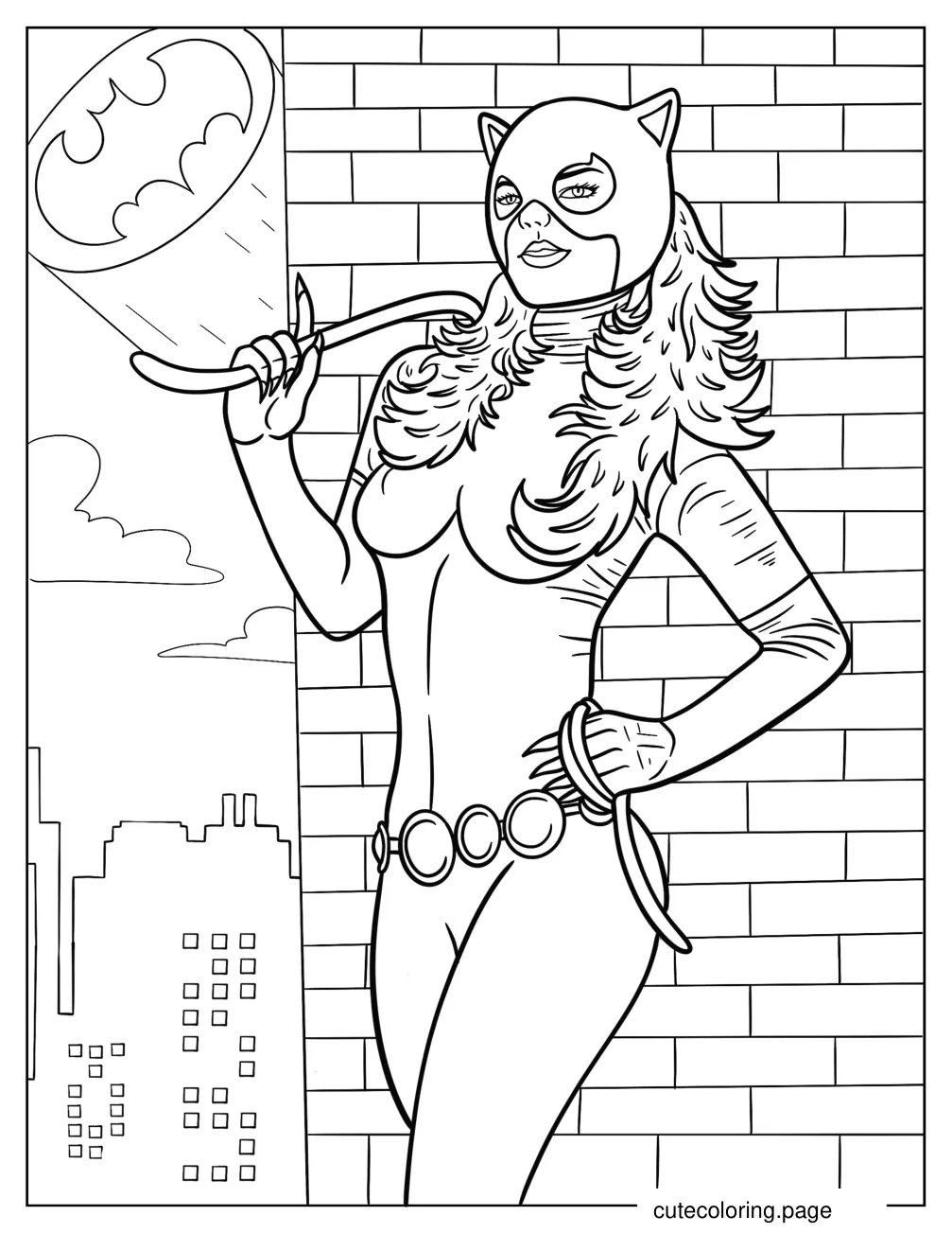 Selina Kyle Catwoman In An Alley With Bat Signal In The Sky coloring page