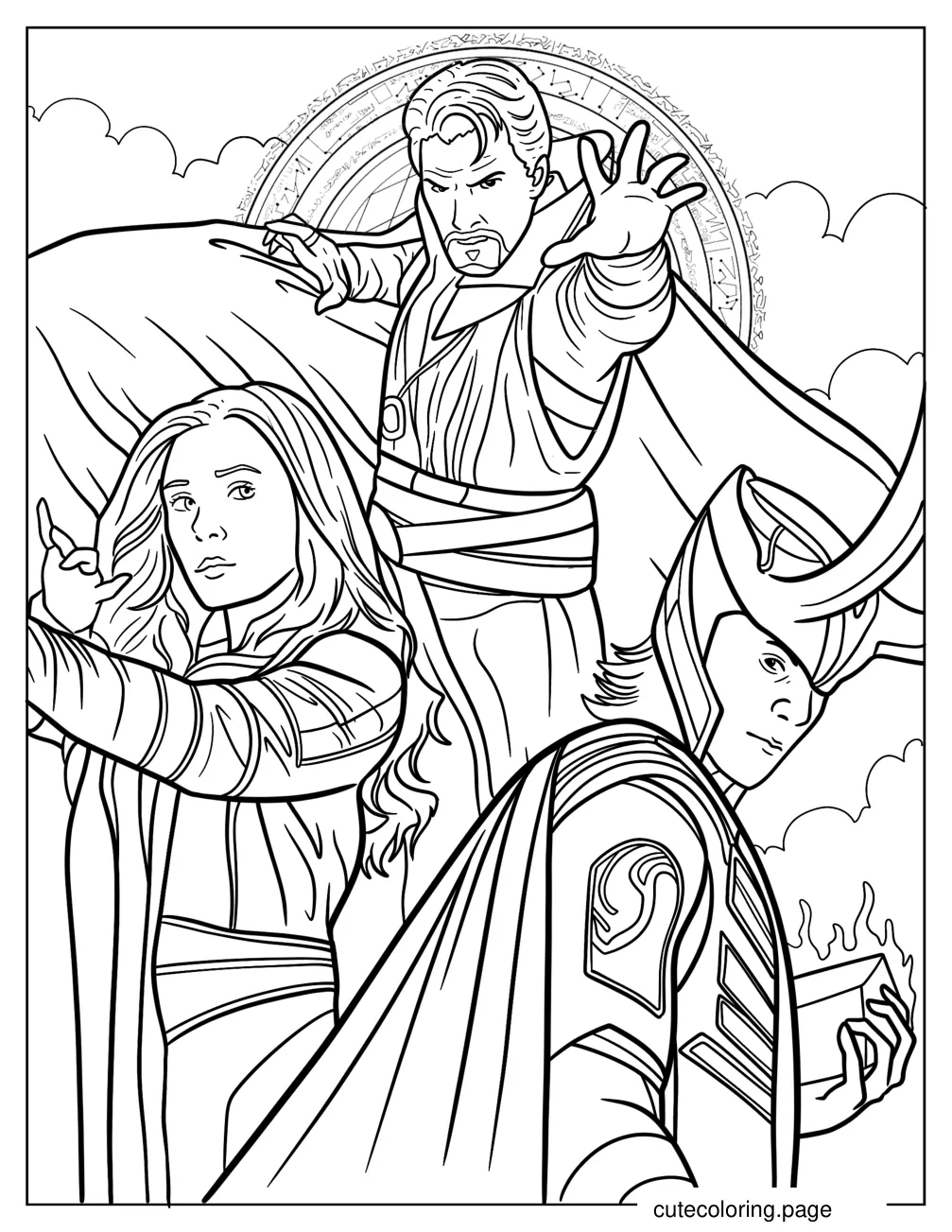 Doctor Strange Casting Spells With Wanda And Loki coloring page