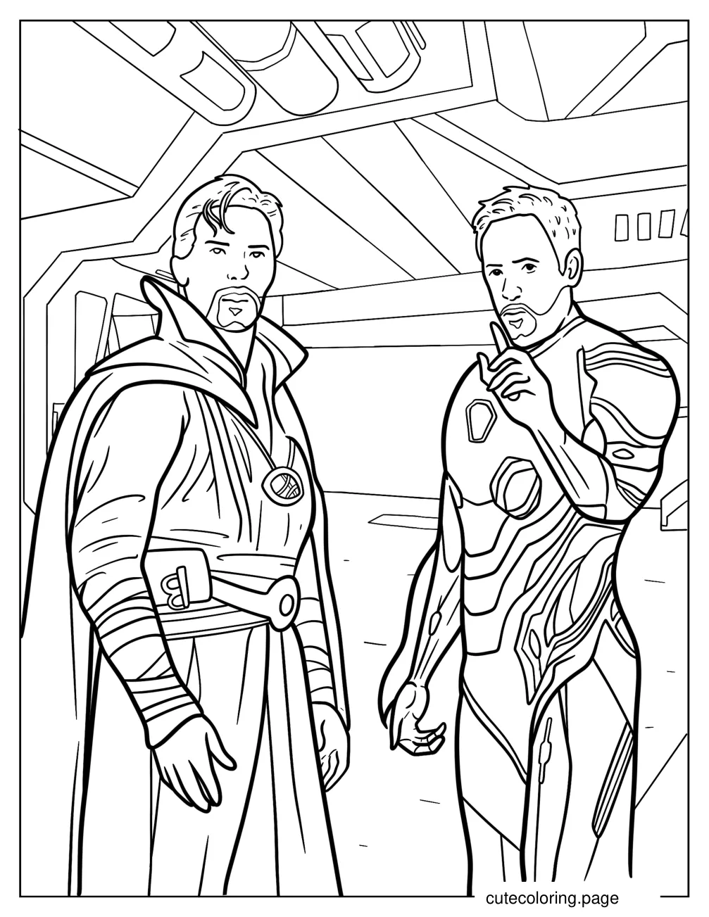 Realistic Doctor Strange With Iron Man In A Spaceship Coloring Page coloring page