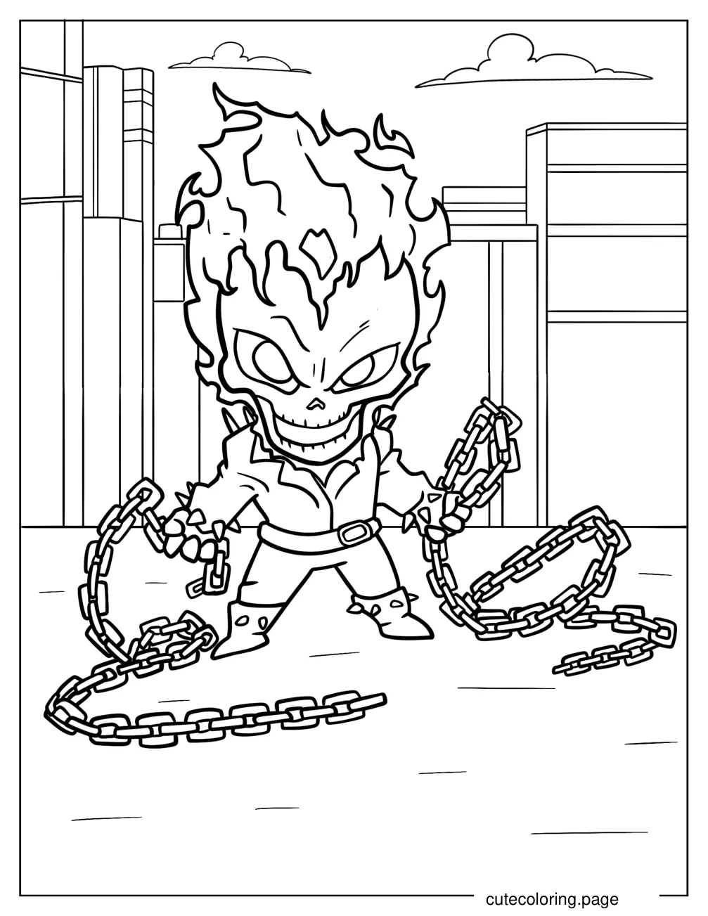 Kawaii Chibi Ghost Rider Holding Hell Chain Coloring Sheet For Kids coloring page