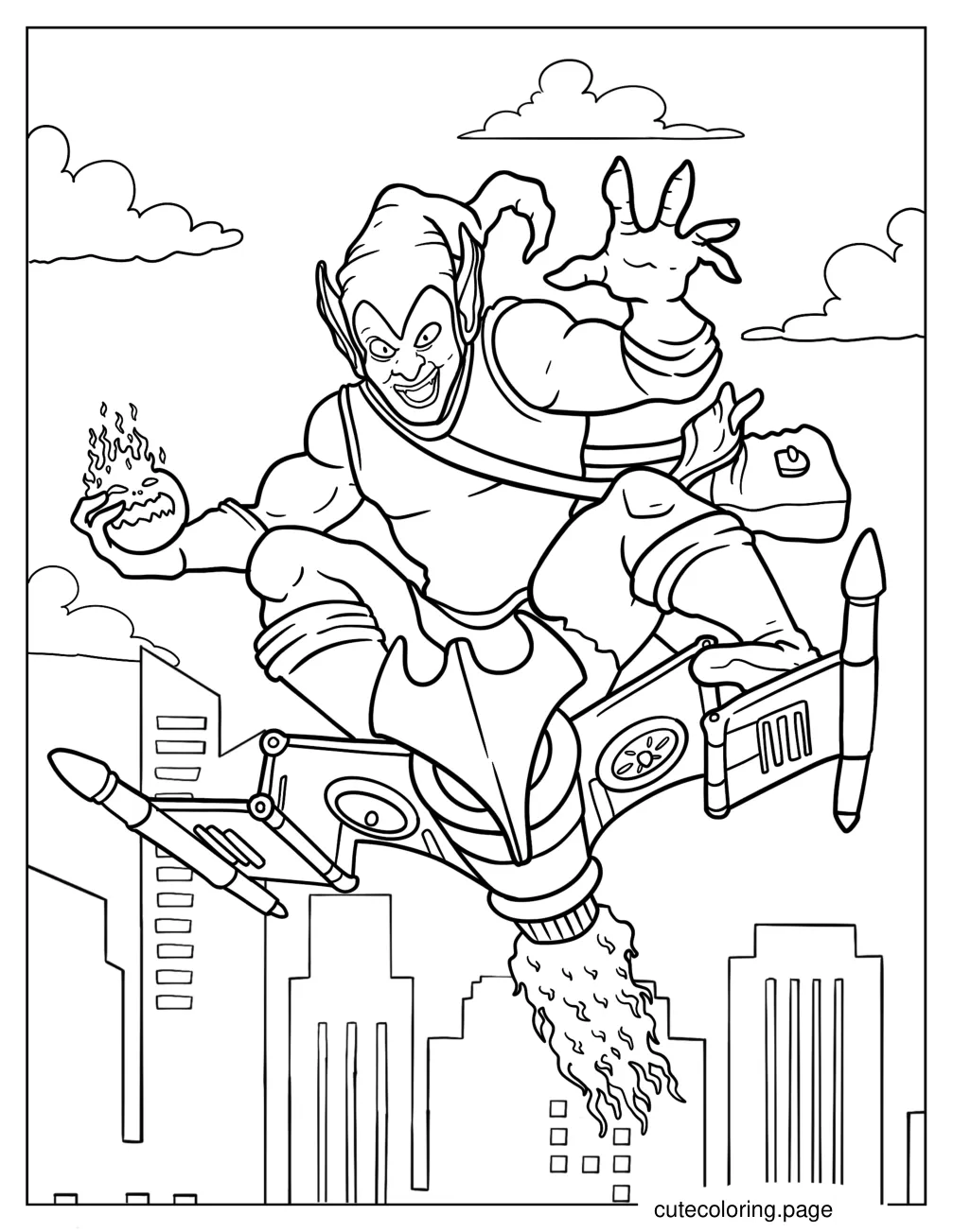 Comic Green Goblin On Glider With Pumpkin Bomb Coloring Page For Kids coloring page