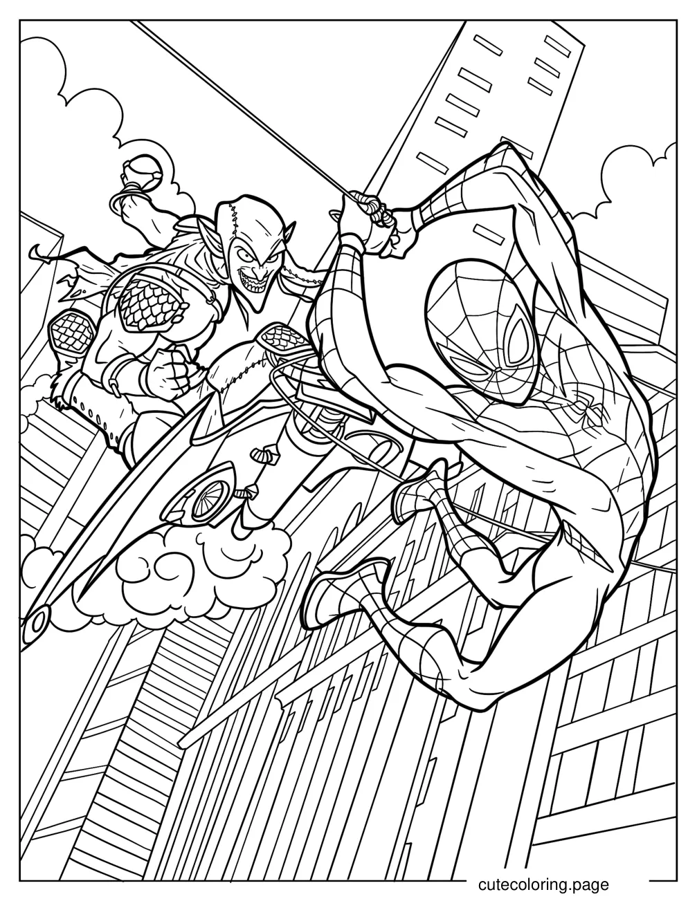 Green Goblin Chasing Spider Man In The City coloring page