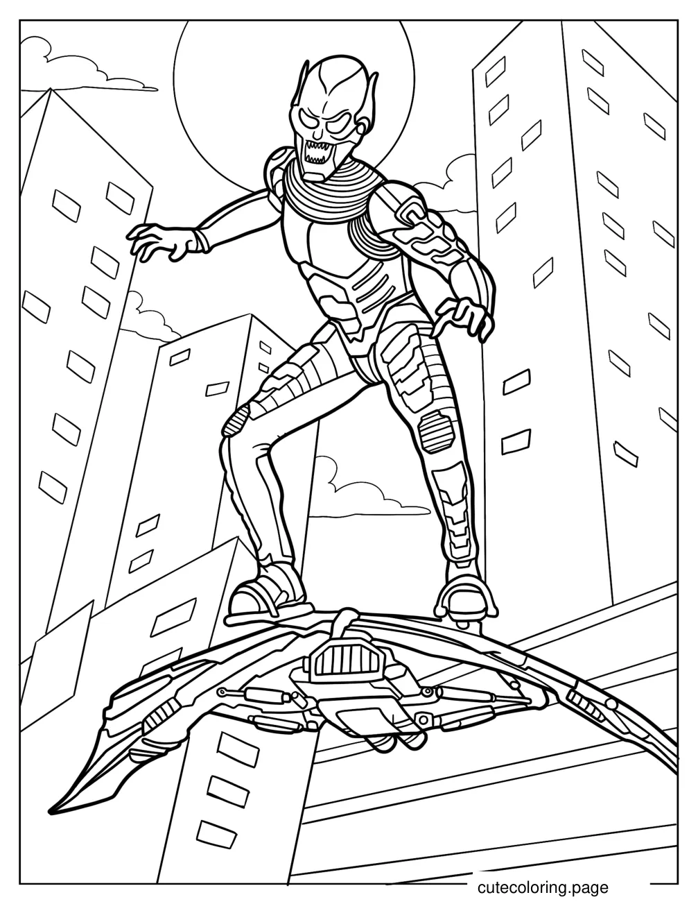 Green Goblin On His Glider In The City Coloring Sheet coloring page