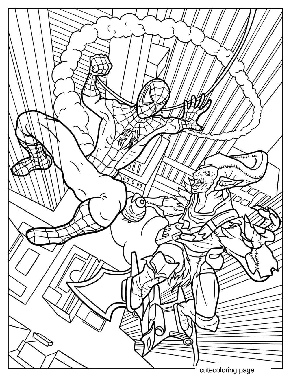 Spider Man Fighting Green Goblin In Mid Air coloring page