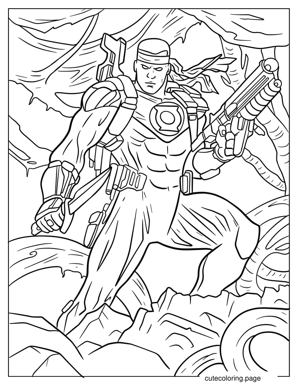 Detailed Green Lantern Holding Guns Coloring Sheet coloring page