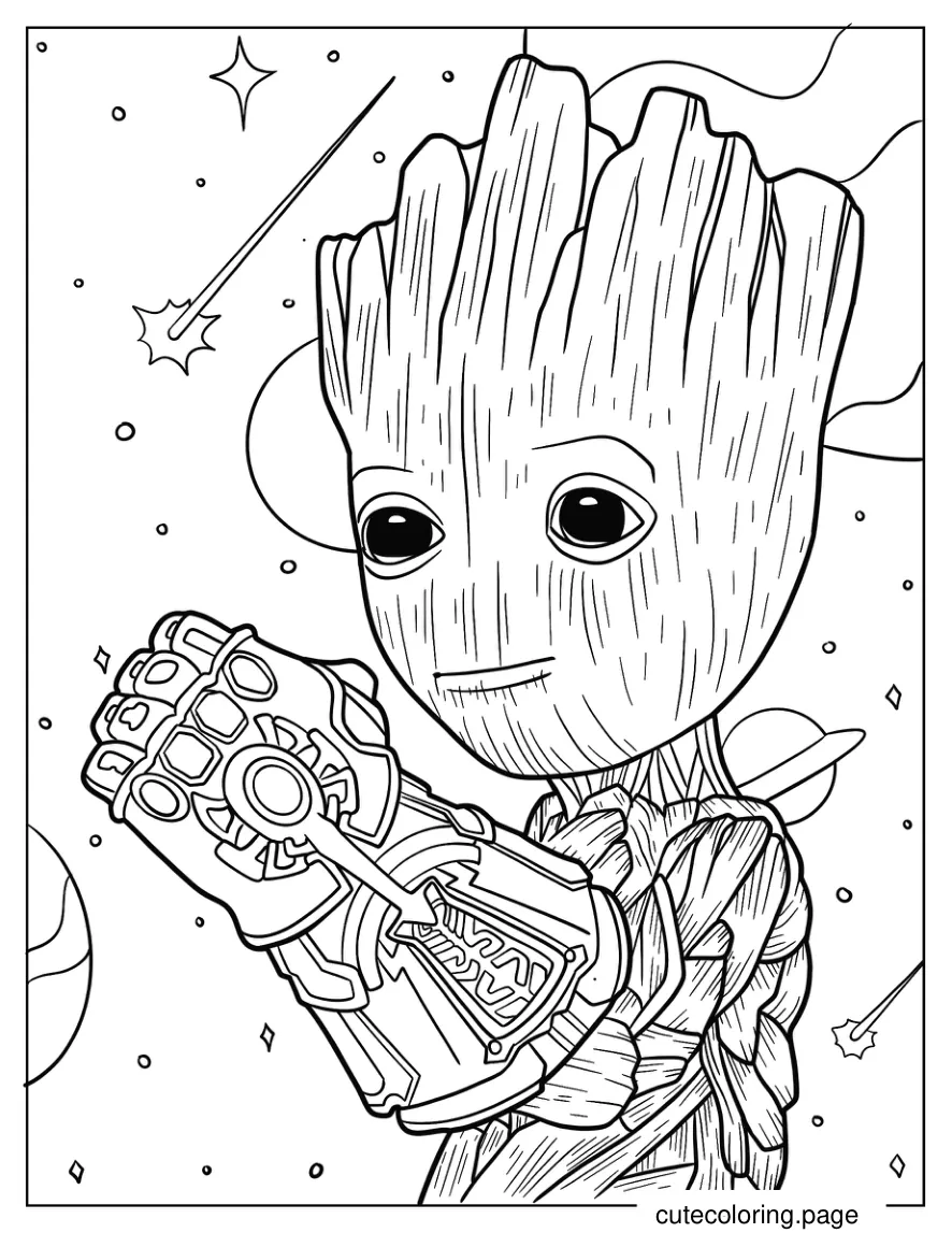 Baby Groot Wearing Infinity Gauntlet coloring page