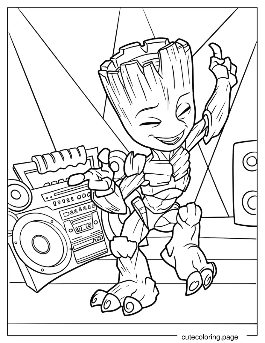 Cute Groot Dancing With Boom Box On Stage coloring page