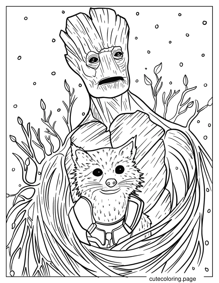 Detailed Adult Groot Holding Rocket coloring page