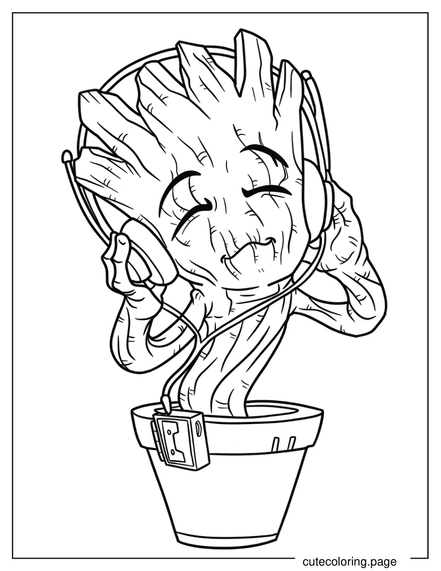 Groot In Flower Pot Wearing Headphones Coloring Sheet coloring page