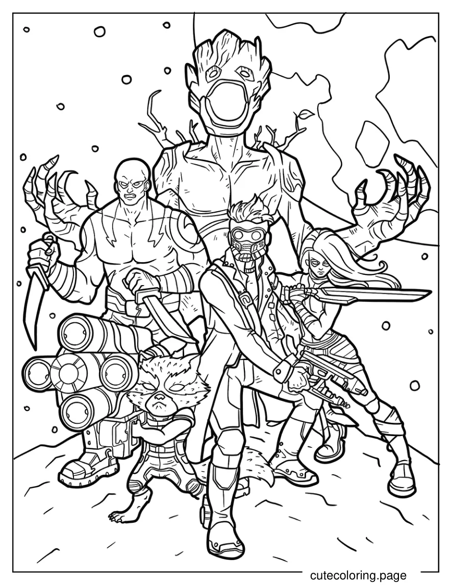 Guardians Of The Galaxy Star Lord Gamora Drax Rocket And Groot coloring page