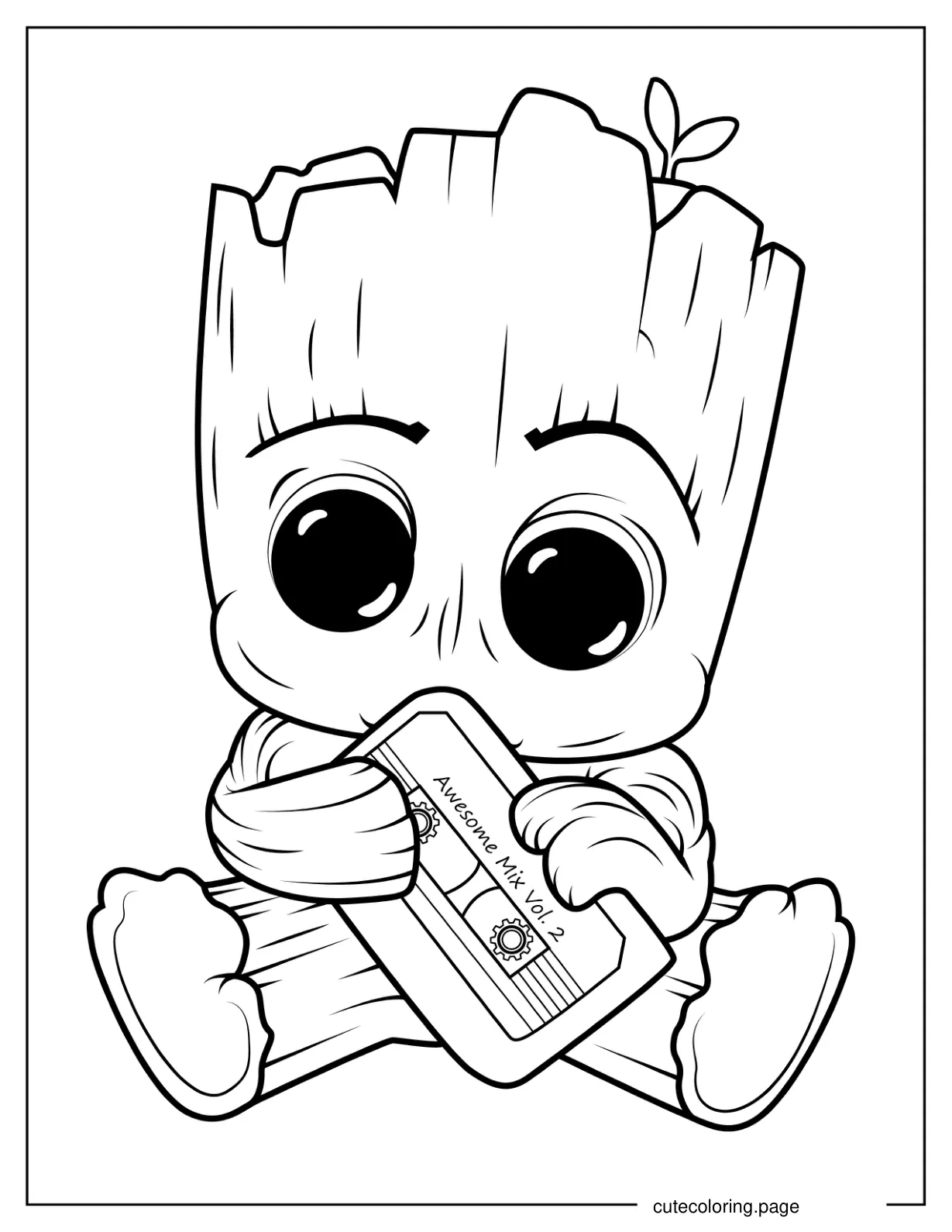 Kawaii Baby Groot Holding Mix Tape Coloring Page For Kids coloring page