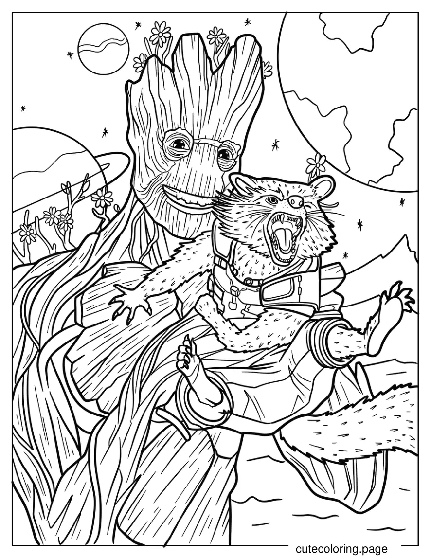 Realistic Rocket And Groot In Outer Space Coloring Page coloring page