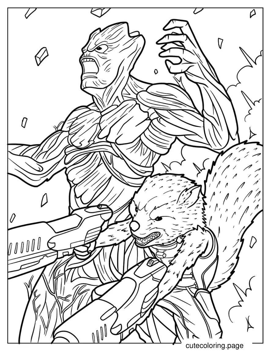 Rocket _ Groot In Battle Coloring Page coloring page