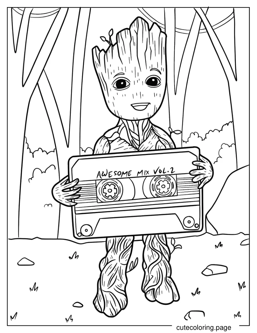 Teenage Groot Holding Awesome Mix Vol 2 Coloring Sheet coloring page