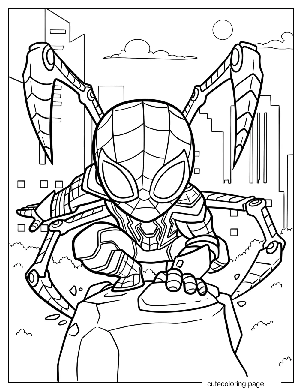 Chibi Iron Spider Man On Top Of Rock Coloring Page For Kids coloring page