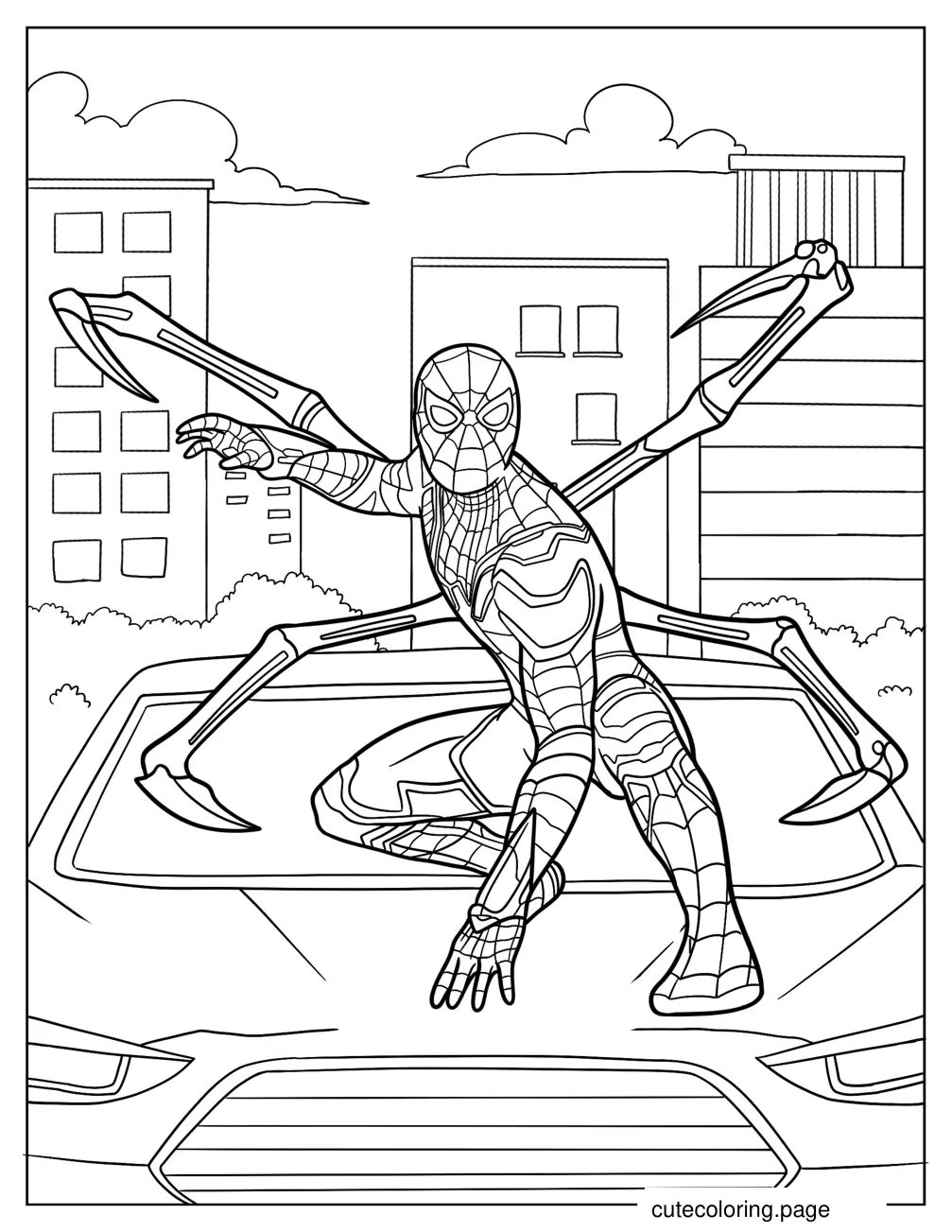 Iron Spider Man Crouched On Top Of A Car coloring page