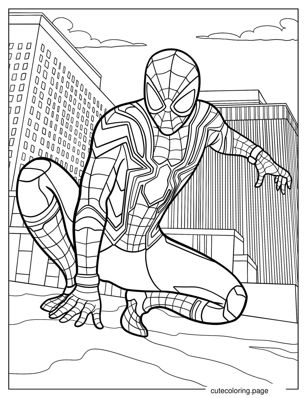 Iron Spider Man In Iconic Superhero Pose Coloring Sheet coloring page