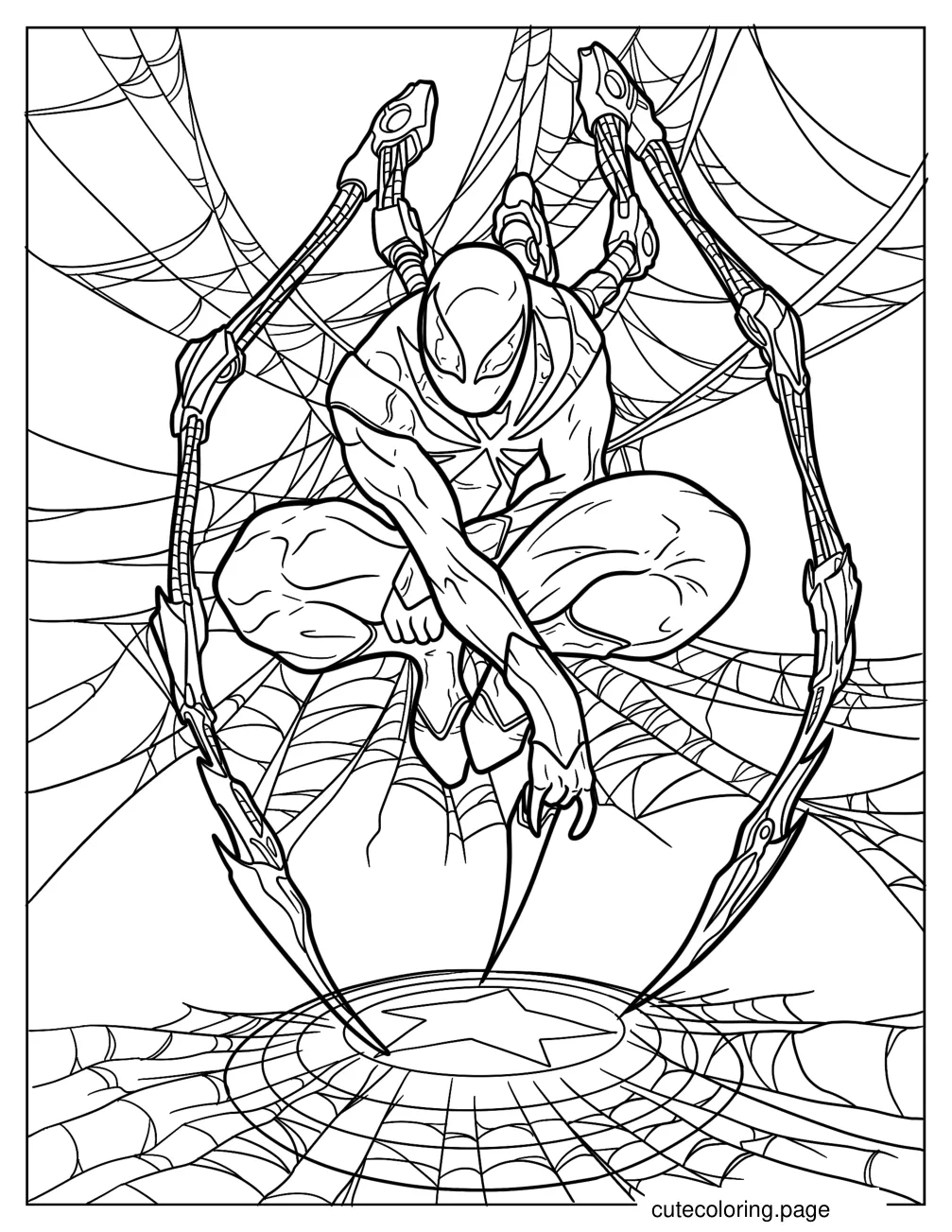 Iron Spider Man In The Middle Of A Web With Captain America Shield coloring page