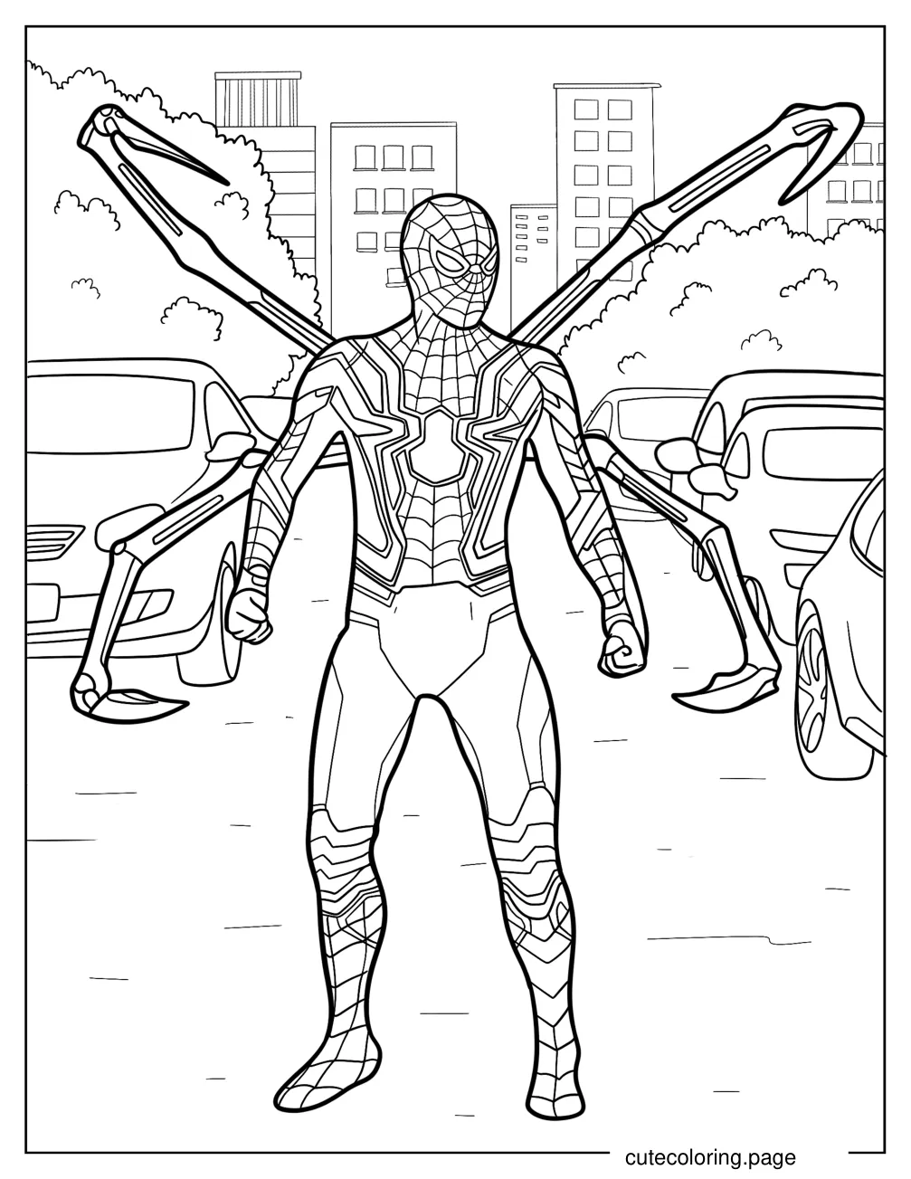 Realistic Iron Spider Man Surrounded By Cars coloring page