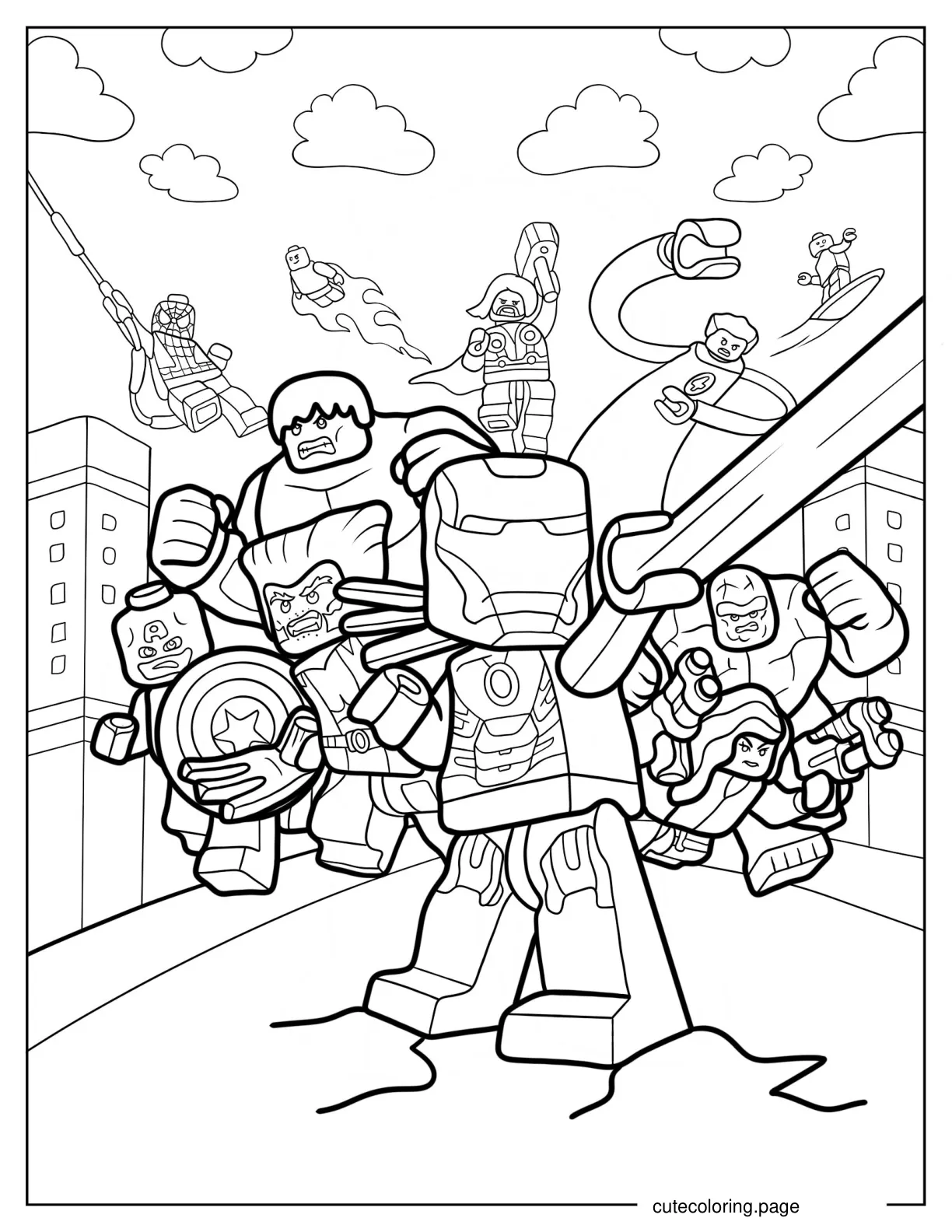 Detailed Lego Avengers Fighting Villains In City coloring page