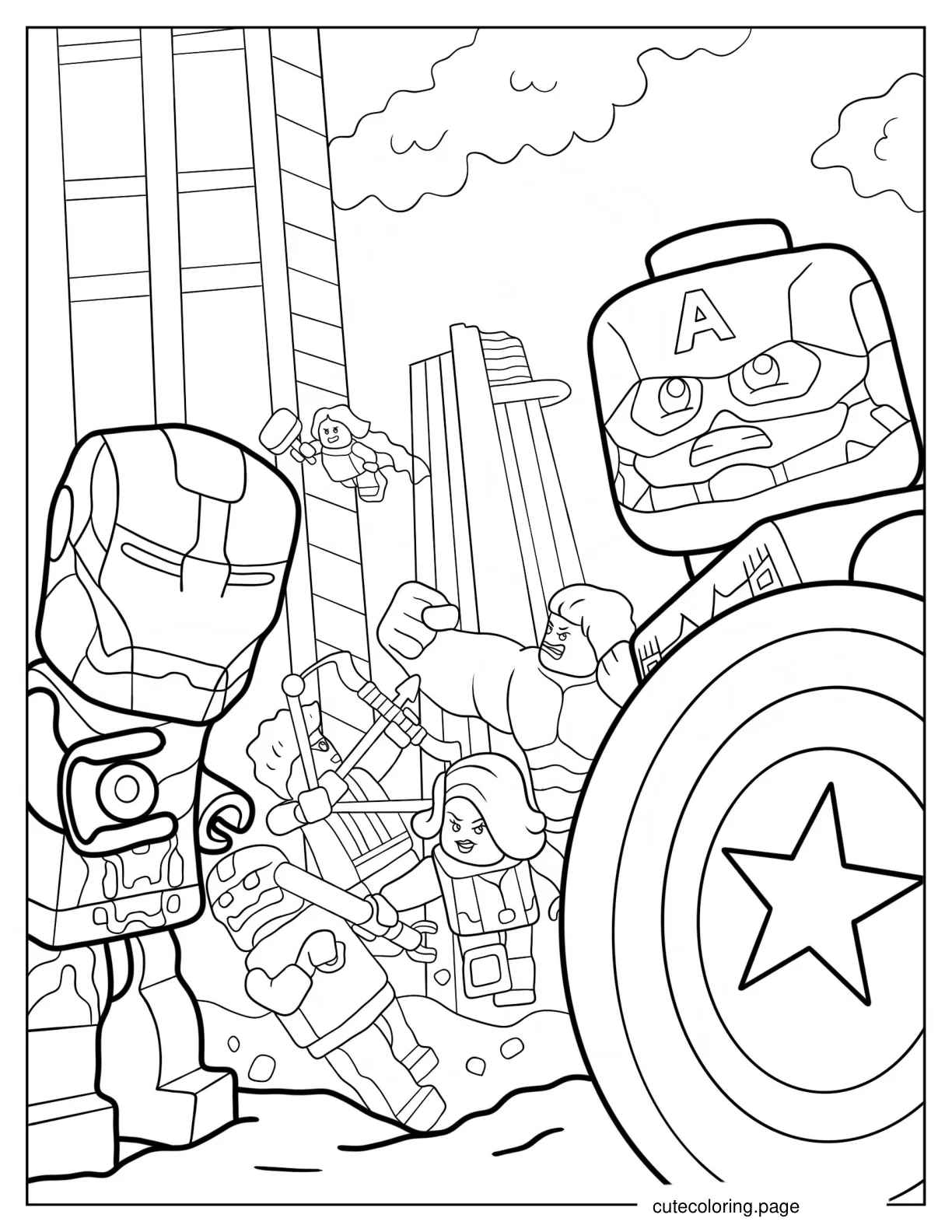 Lego Avengers Captain America Iron Man Black Widow Hawkeye And Thor coloring page