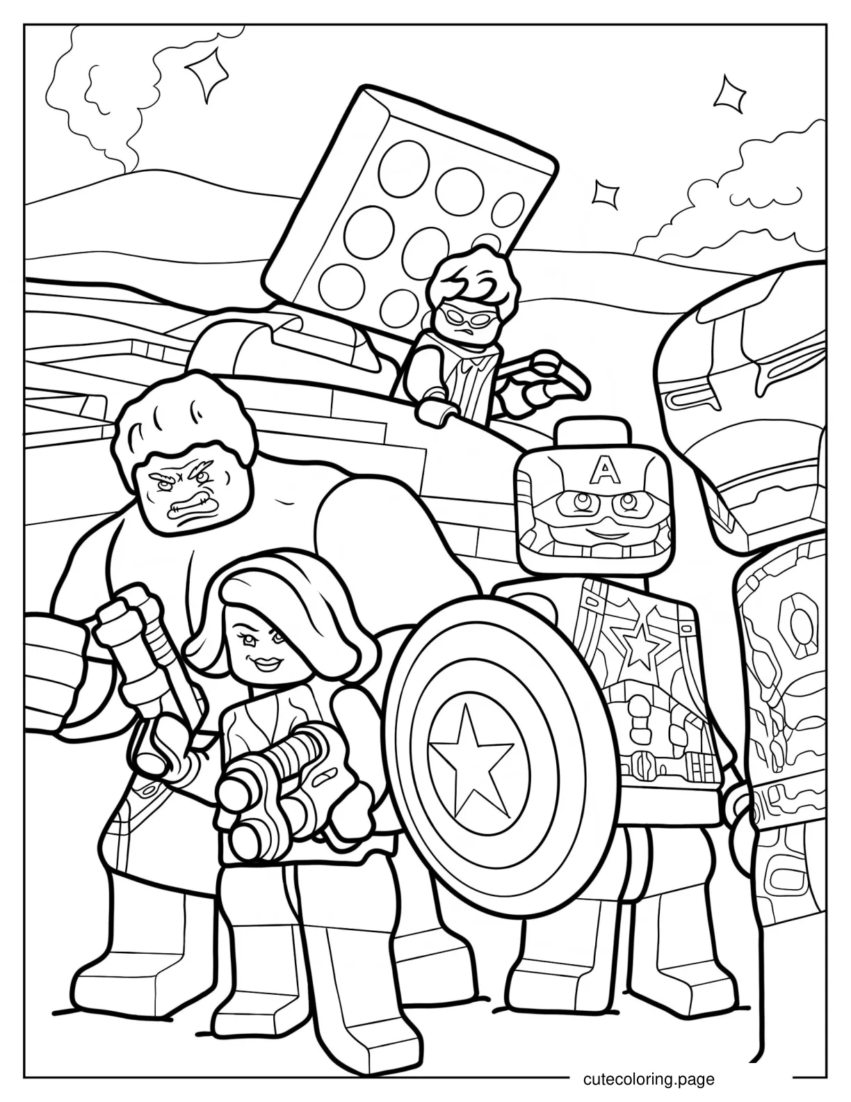 Lego Avengers Iron Man Captain America Hulk Black Widow And Hawkeye coloring page