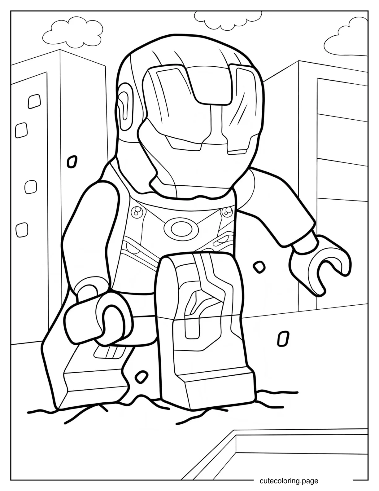 Lego Avengers Iron Man Landing On Pavement Coloring Sheet coloring page