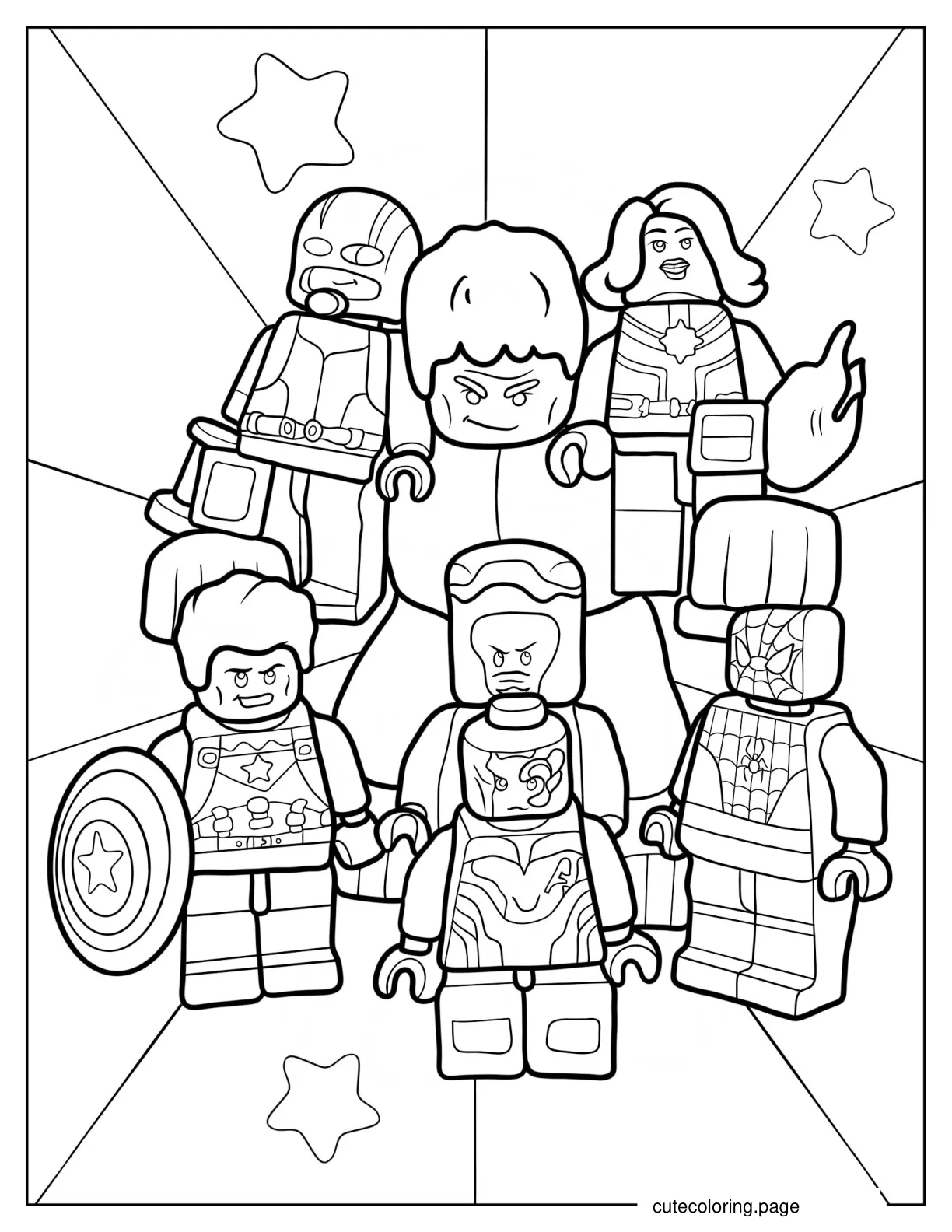 Lego Avengers Iron Man Nebula Spider Man Captain America Black Widow And Thor Coloring Page coloring page