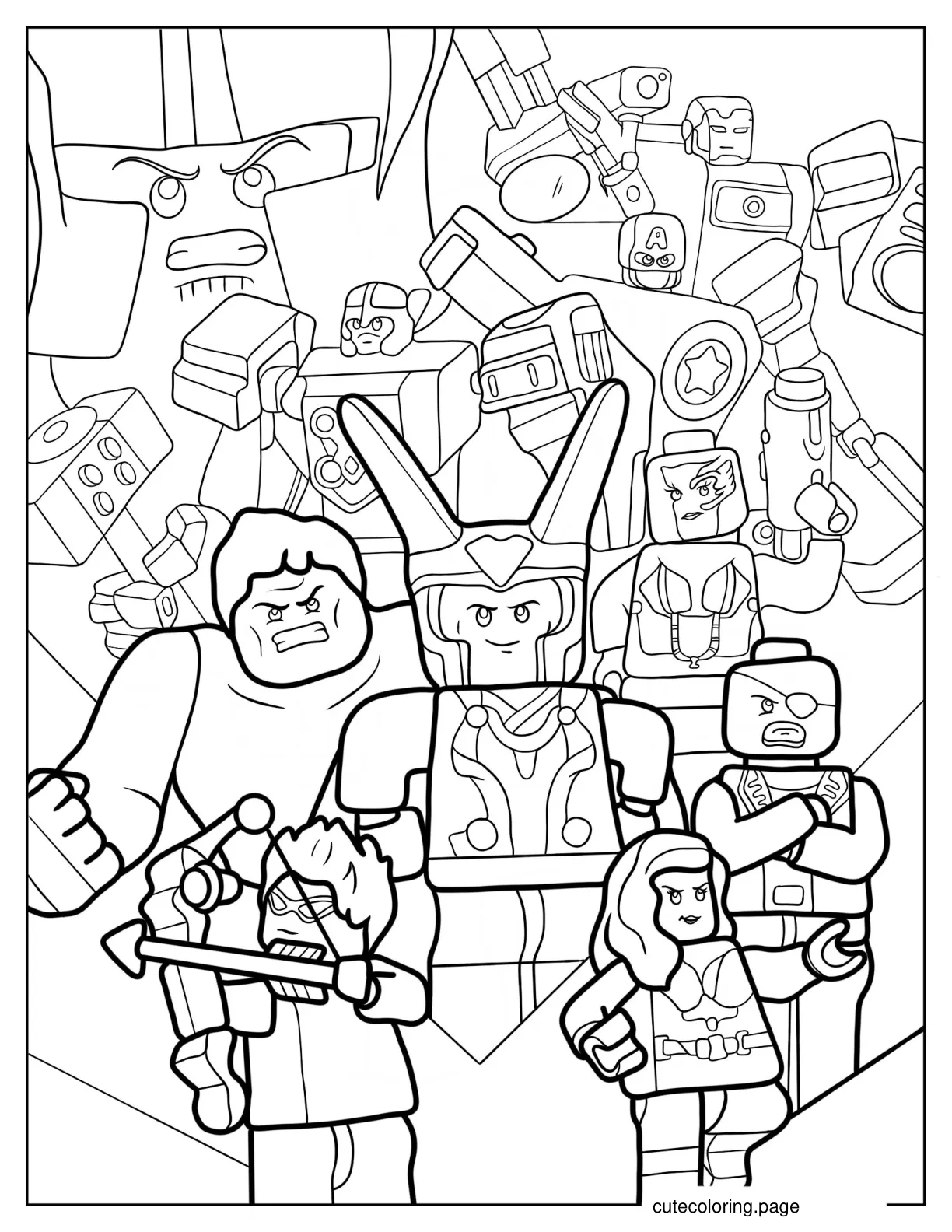 Lego Avengers Loki Hulk Fury Black Widow And Other Heroes Coloring Page coloring page