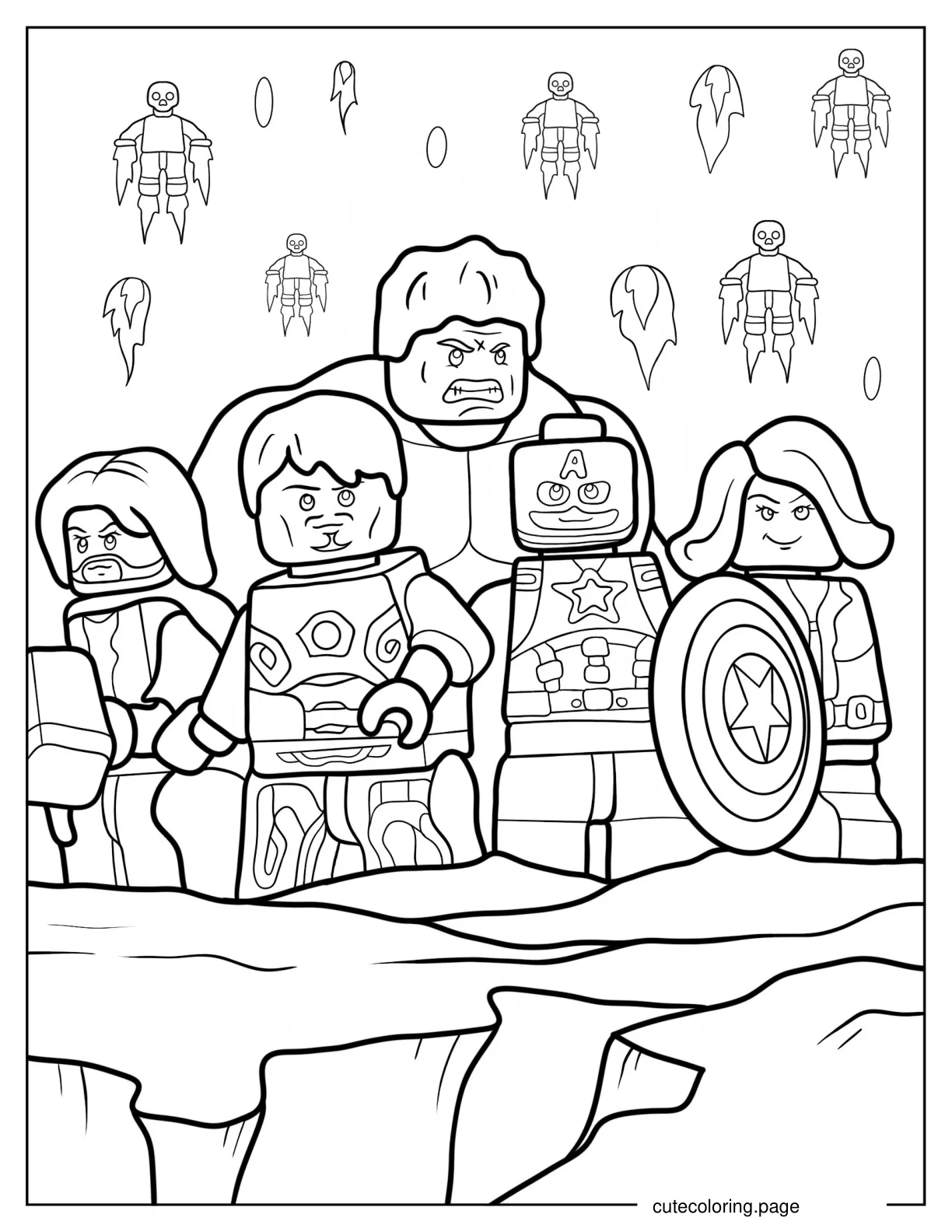 Original Lego Avengers Iron Man Captain America Hulk And Black Widow Coloring Sheet coloring page