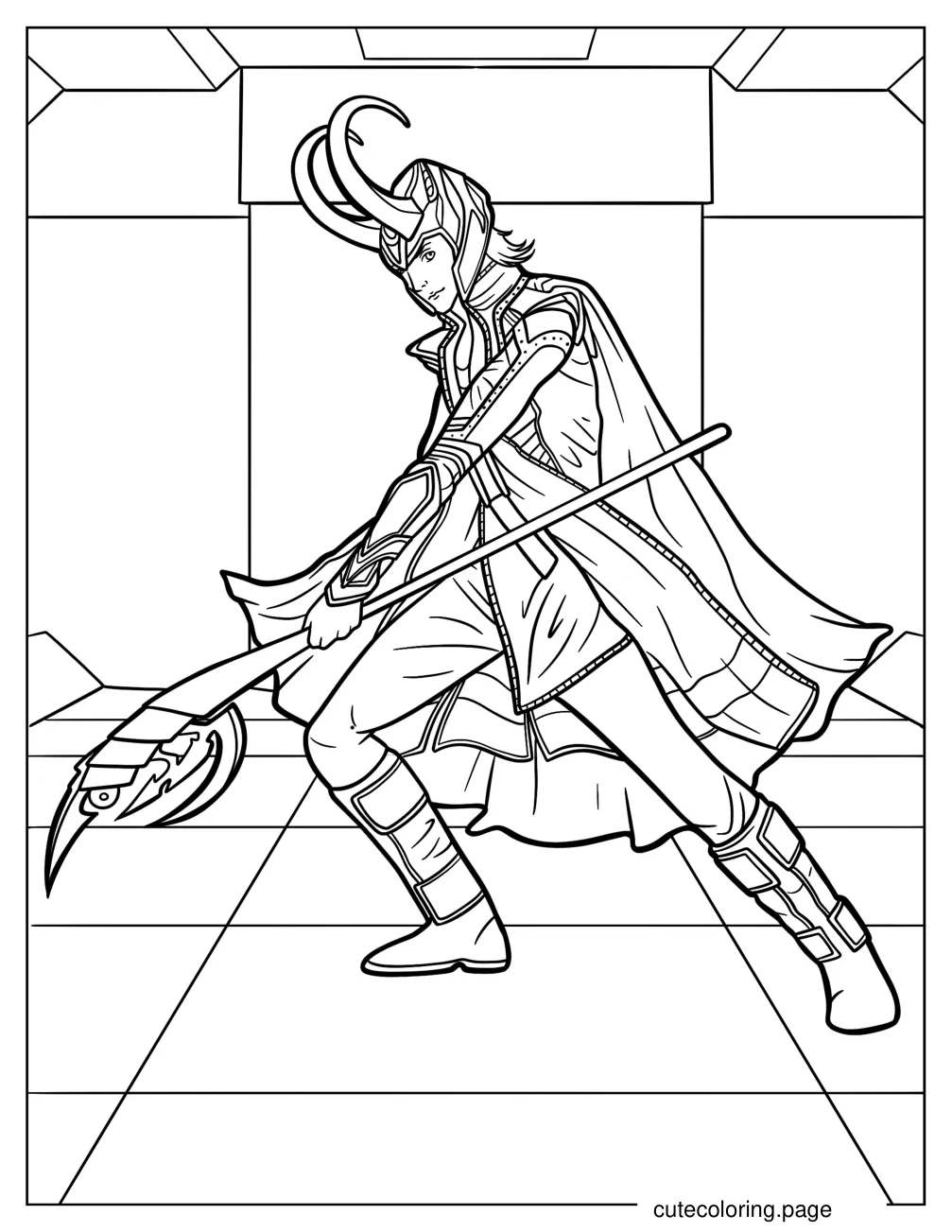 Loki With His Helmet And Scepter Coloring Sheet coloring page