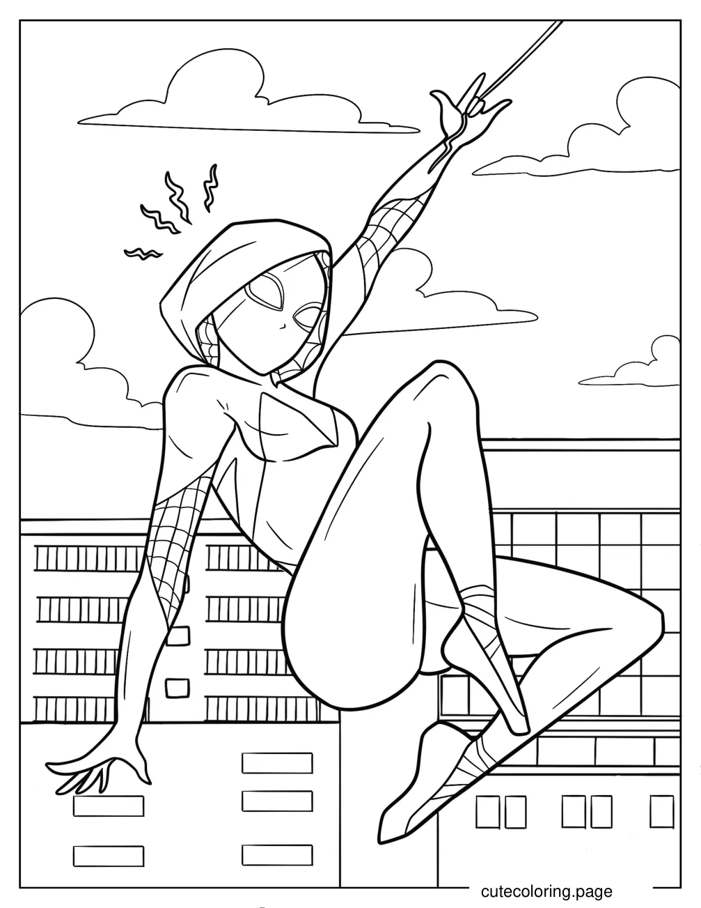 Cool Spider Gwen Swinging From A Web coloring page